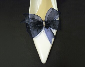 Something Blue Accessories Bridal Shoe Clips in Navy Blue Organdy Bow Swarovski