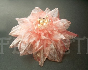 Golden Pink Camellia Handmade Silk Flower Hair Clip Wedding Dress Accessory with Pearls and Swarovski Rhinestones