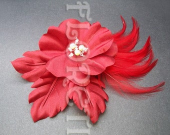 Couture Deep Red Rose Silk Flower Bridal Fascinator Hair Clip Head Wear