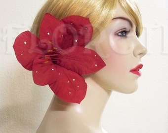 Designer Large Hair Flower Red Amaryllis Silk Bridal Hair Clip w Swarovski Crystals Wedding Veil Accessory Headwear