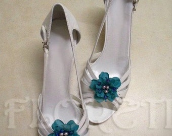 Novia Algo azul turquesa Gardenia Zapatoclips w Perlas Cristales