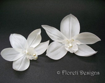 Couture Bridal Hair Flowers White Cymbidium Orchids, Set of 2