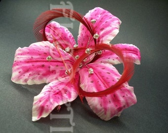 Pink Stargazer Lily Hair Clip Silk Flower Fascinator Swarovski Crystals,  Wedding Veil Flower, Bridal Hair Accessory, Valentines Day Gift