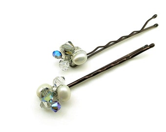 Freshwater White Pearl n Black Diamond Swarovski Crystals Bridal Crystal Hair Bobby Pins Something Blue, Set of 2  Ready-Made
