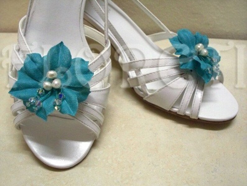 Turquoise Something Blue Camellia Shoe Clips Handmade W Pearls Crystals