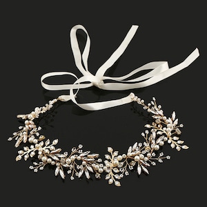 Vintage Baroque Wedding Hair Accessory Flower Crown Tiara Couture Bridal Headband Leaf Hair Band w Crystals n Pearls