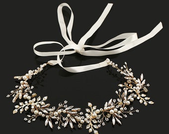 Vintage Baroque Wedding Hair Accessory Flower Crown Tiara Couture Bridal Headband Leaf Hair Band w Crystals n Pearls