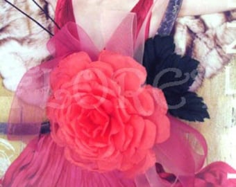 Lipstick Pink Cabbage Rose Bridal Corsage Sash Pin Accessory w Organdy Ribbon