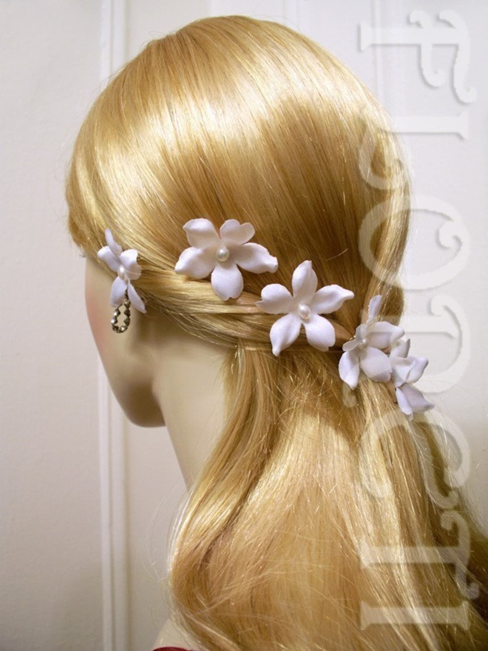 White Small Orchid Stephanotis Pearl Bridal Silk Flower Hair Pins, Set