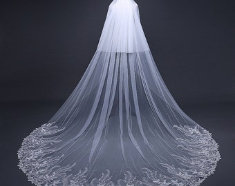 Double Tiered Cathedral Wedding Veil Lace Embroidered Edge Bridal Veil 3 Yards Long Train with Comb Ivory Double Tiered Bedeken Ceremony