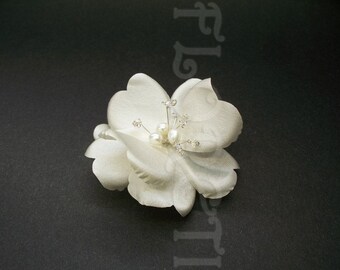 Couture Silk Dogwood Rose Flower White Bridal Hair Clip