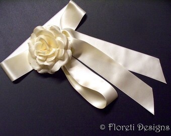 Couture Wedding Dress Sash in Champagne with Rose Rochelle Pure Silk Flower Clip Bridal Accessory