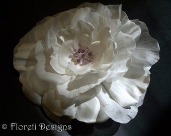 Couture Off White Satin Poppy Rose Bridal Sash Pin w Lilac Crystals