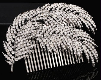 Branches Crystal Bridal Hair Comb Metal Clear Rhinestone Crystals Feather Silver Wedding Headband Hair Comb Large