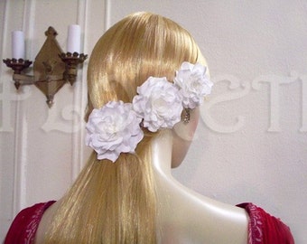 White Bridal Hair Clips n Wedding Dress Pin, 4 Piece Set Gardenia