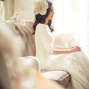 Juliet Cap Bridal Veil French Wedding Veil With Large Flower White, Ivory, Champagne, Ecru with Comb, Romantic Bridal Veil