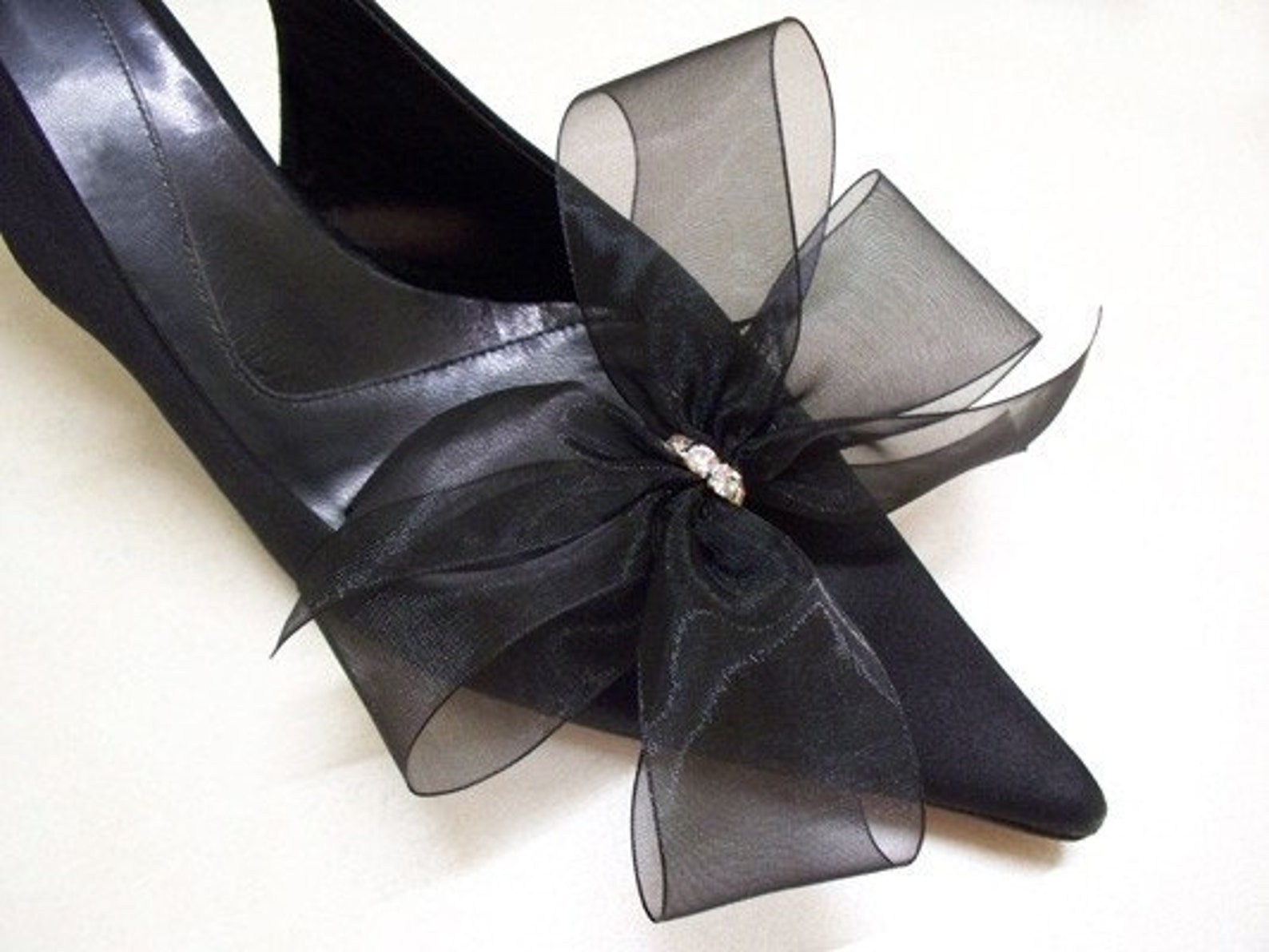 Bridal Organdy Black Bow Shoe Clips W Swarovski Rhinestones Etsy