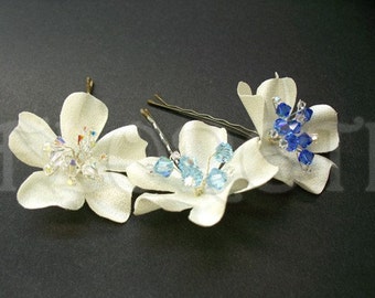 Ivory Gardenia Mini Bobby Pins Swarovski Crystals Something Blue Bridal Hair Accessories Set of 3