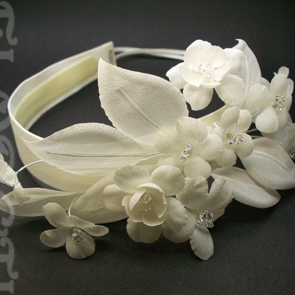 Ivory Cherry N Stephanotis Couture Bridal Headband w Crystals Wedding Headpiece Handmade Silk Flower Accessory
