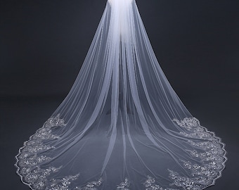 Cathedral Wedding Veil Embroidered Ultra-thin Bridal Lace Edge Veil 3 Yards Long Train with Comb Off White