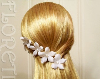 Épingles à cheveux blanc Jasmin orchidée petite perle fleur en soie mariage, lot de 5