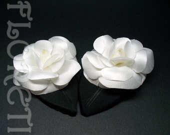 White Camellia Satin Flower Wedding Shoe Accessories w Black Leaf Bridal Shoe Clips