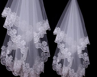 Mantilla Wedding Veil Embroidered Bridal Lace Edge Blusher Veil 59in Long White Wedding Accessory