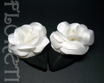 White Camellia Satin Flower Wedding Shoe Accessories w Black Leaf Bridal Shoe Clips, Set of 2