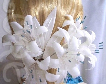 Ivory Lily Wedding Headwear Turquoise Something Blue Veil Accessory Bridal Hair Accessory Large Wedding Veil Comb Summer Wedding Hairstyle