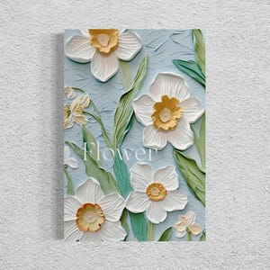 May include: A blue background with white and yellow paper flowers. The flowers are arranged in a cluster and have a 3D effect. The word "Flower" is written in white text at the bottom of the image.