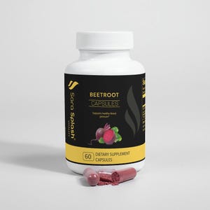 May include: A white bottle of Beetroot Capsules dietary supplement. The label is black and yellow with the text "Beetroot Capsules" and an illustration of beets. Two capsules are open, showing the powder inside. The bottle contains 60 capsules.