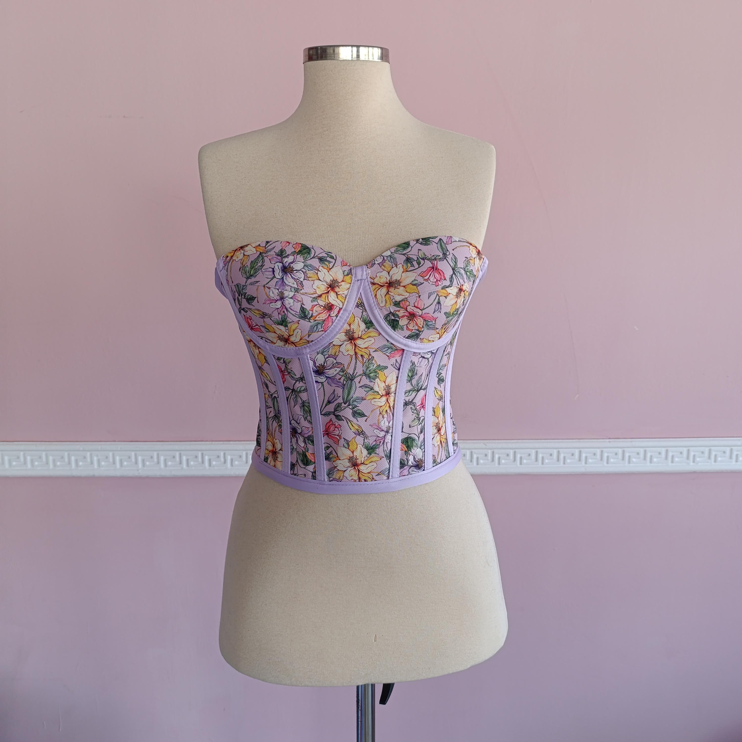 ADELCE - Corsetto Con Allacciatura Posteriore E Stecche In Plastica - Fantasia Floreale - Taglie S Fino A 6XL (da Vita 58 Cm A 104 Cm) - Busk In Acciaio Frontale - 2