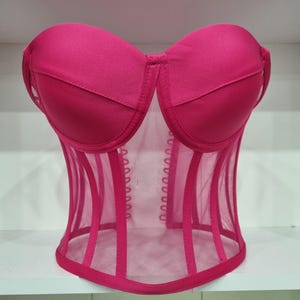Hot FUCHSIA Strapless Satin Mesh Bustier Top | Corset Style Underwire Lingerie | Transparent Boned Sexy Party Corset | sheer corset top