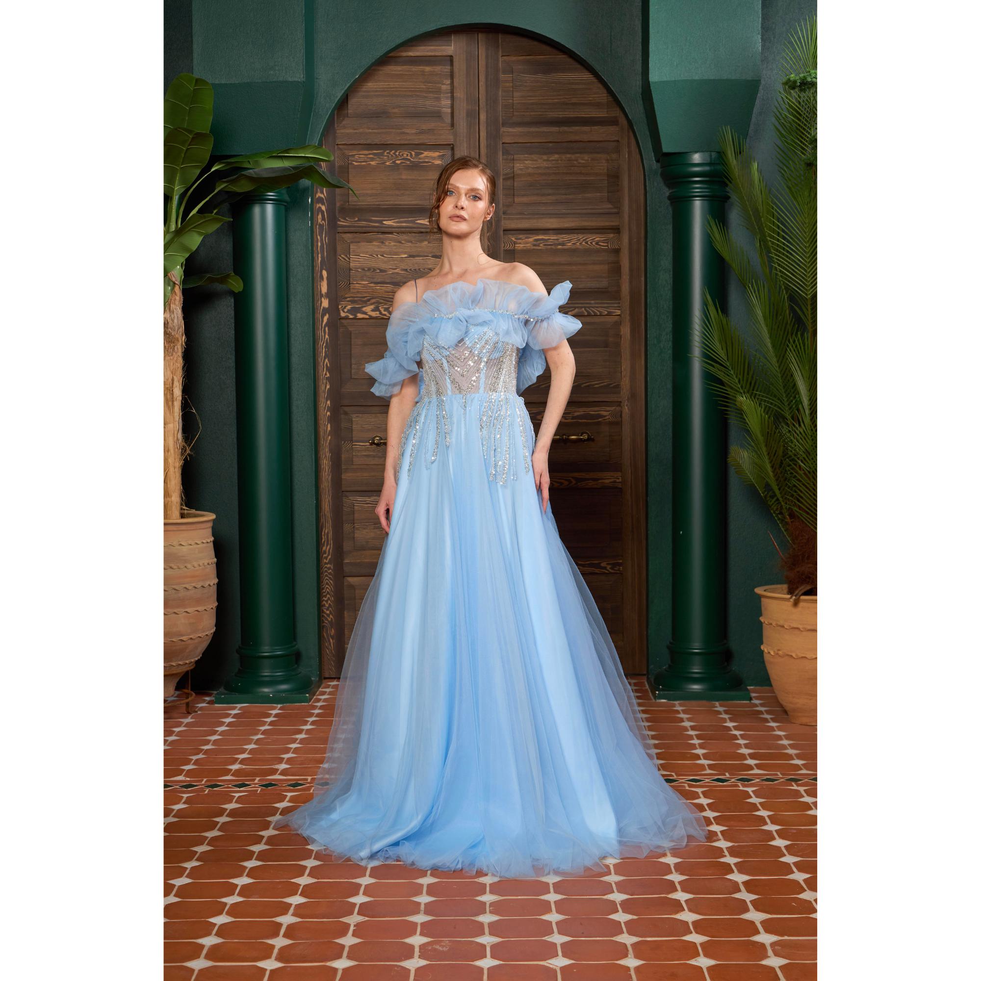 beaded tulle prom dress V-neck Orange Beaded Tulle Ruffles Sequin Prom Dresses