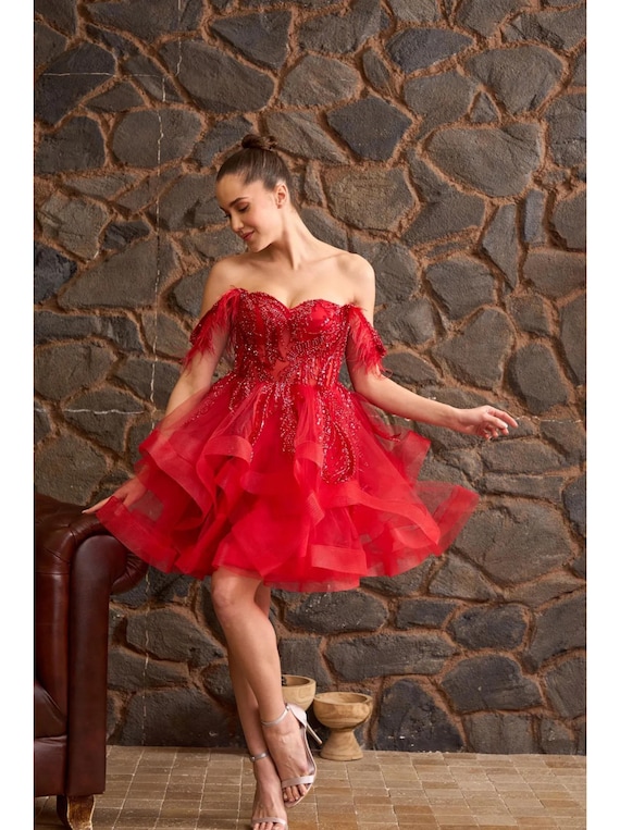Lace Tulle Mini Dress: Strapless Feather Detail Evening Gown - Etsy Ireland