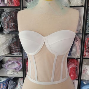 White Bustier Corset Top | Bridal Lingerie | Cupped Corset | Bridal Shower Gift | Transparent Corset | Over Bust Corset | Mesh Bustier