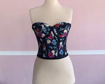 Floral Corset Top: Strapless Lace-Up Bustier with Satin Lining