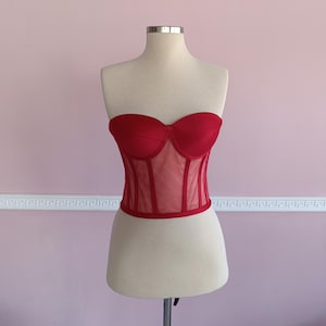 Strapless Transparent Mesh Bustier Corset Top with Satin Boning, Adjustable Lace Up Bridal Shower Lingerie Crop for Wedding Party, Bustier