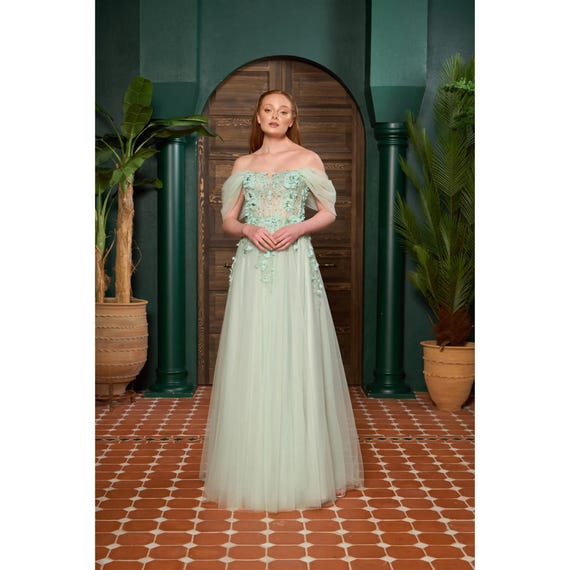 Mint Green Tulle Maxi Dress: 3D Floral Lace Appliqu Evening Gown - Etsy Israel Mint Green Tulle Maxi Dress: 3D Floral Lace Appliqu Evening Gown - Etsy Israel