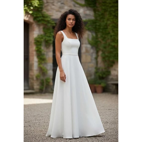 white satin square neck dress Simple A-Line Square Neck White Satin Wedding Dresses Diamond White / 10