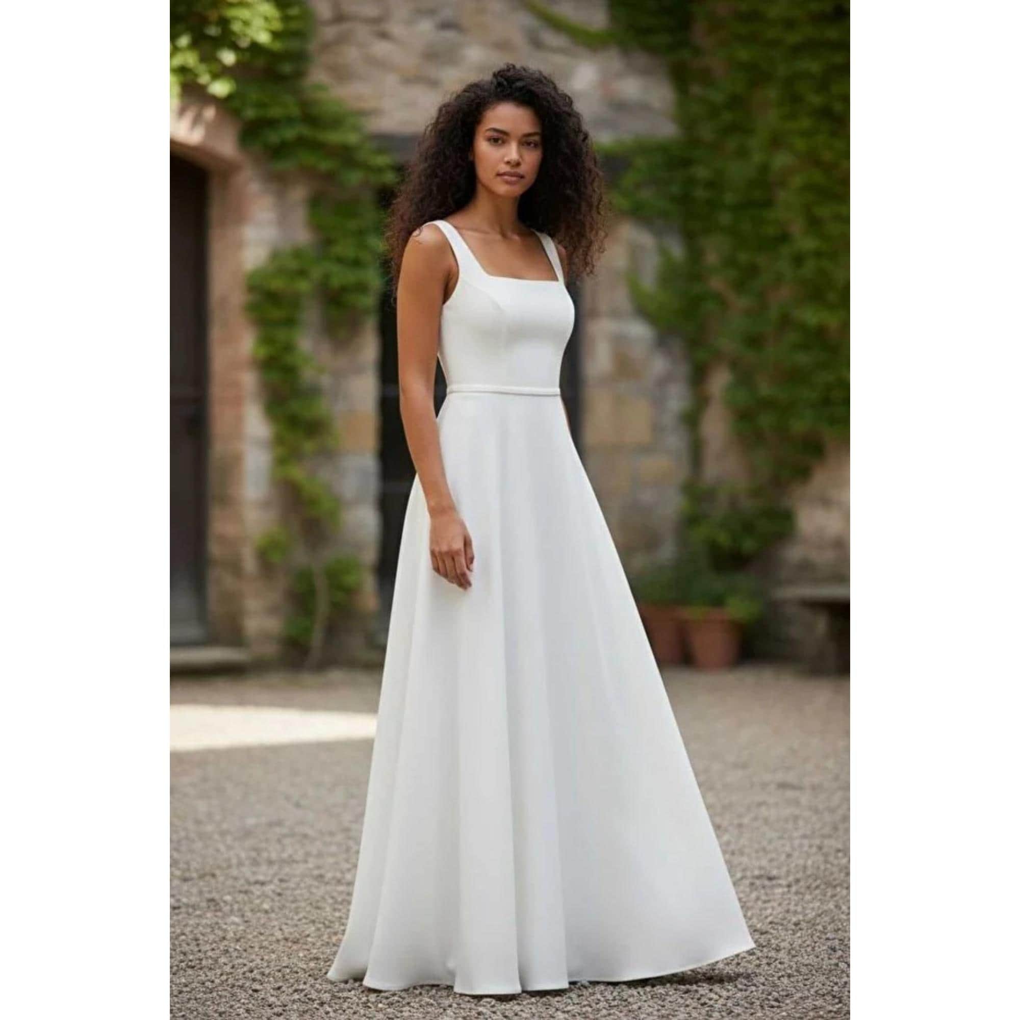 a line square neck white dress Elegant Satin A-Line Wedding * Neck, Lace-Up Back * Simple Modest Style spaghetti Significant Other Darcy Backless Color:SMOKY BLUE