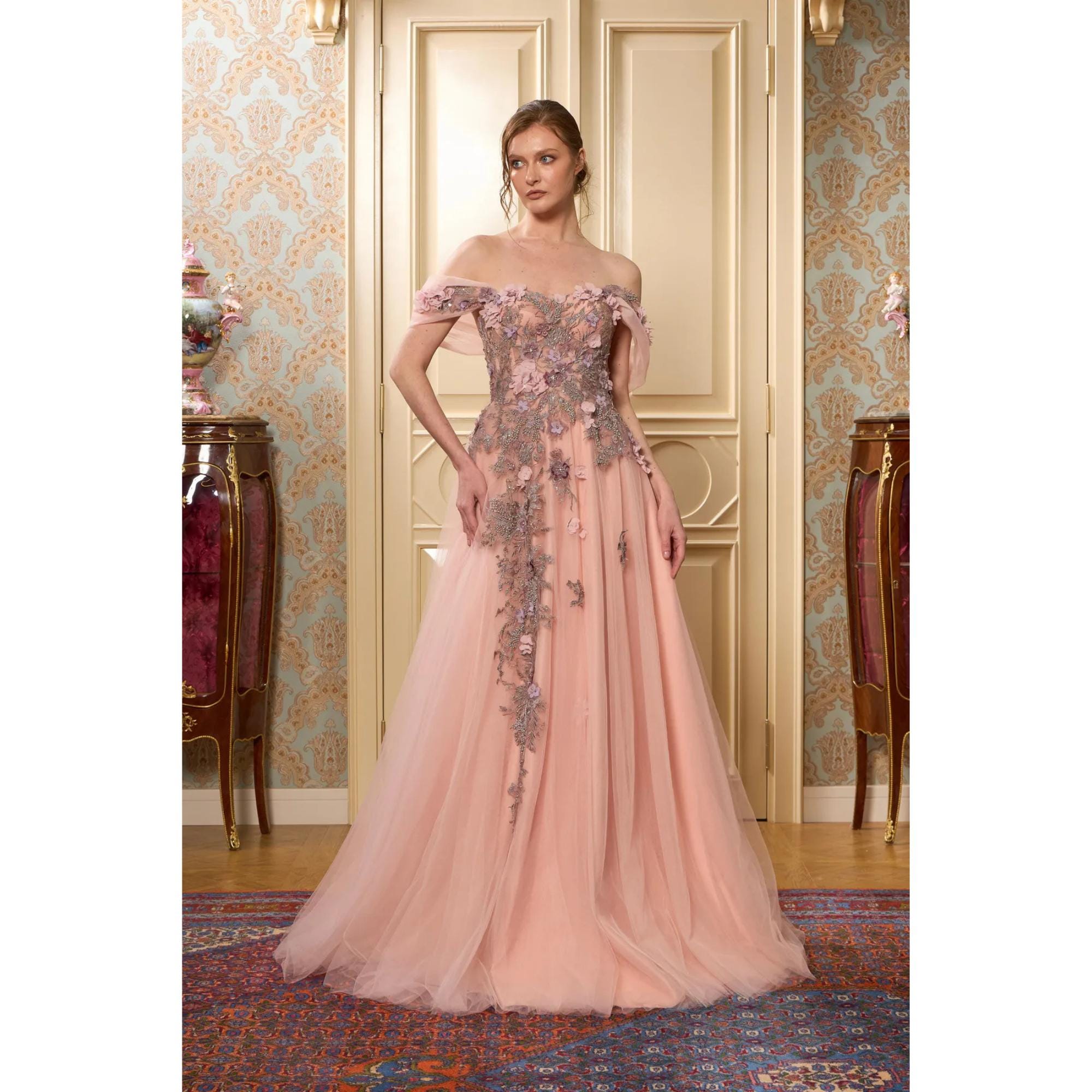 Satin Tall Ball Dresses Uk Blush Pink 3D Floral Lace Tulle Gown: Off-shoulder A-line Prom Dress Australia Satin Tall Ball Dresses Uk Blush Pink 3D Floral Lace Tulle Gown: Off-shoulder A-line Prom Dress Australia