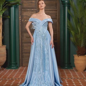 light blue prom dress with feathers LaDivine Feather Beaded Long Mermaid Dress CC2308 - Lt Blue - Size 6