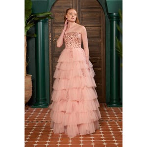 Powder Pink Tulle Maxi Dress: Strapless Stone Embroidered Evening Gown