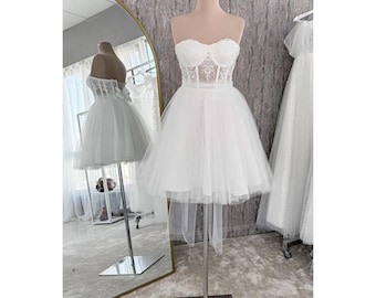 White Lace Strapless Tulle Mini Dress with Bow Back, Short Bridal or Party Gown