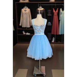 Light Blue Tulle Corset Mini Dress - Floral Bird Embroidery Party Dress - Short Tulle Prom Dress - Wedding Guest Cocktail Dress