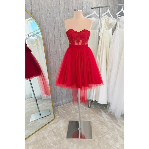 Lace Corset Tulle Mini Dress: Strapless Cocktail Prom Gown