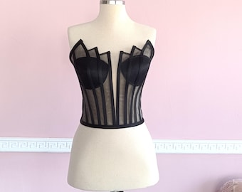 Black Mesh Corset Top – Strapless Boned Bustier with Satin Detailing and Lace-Up Back