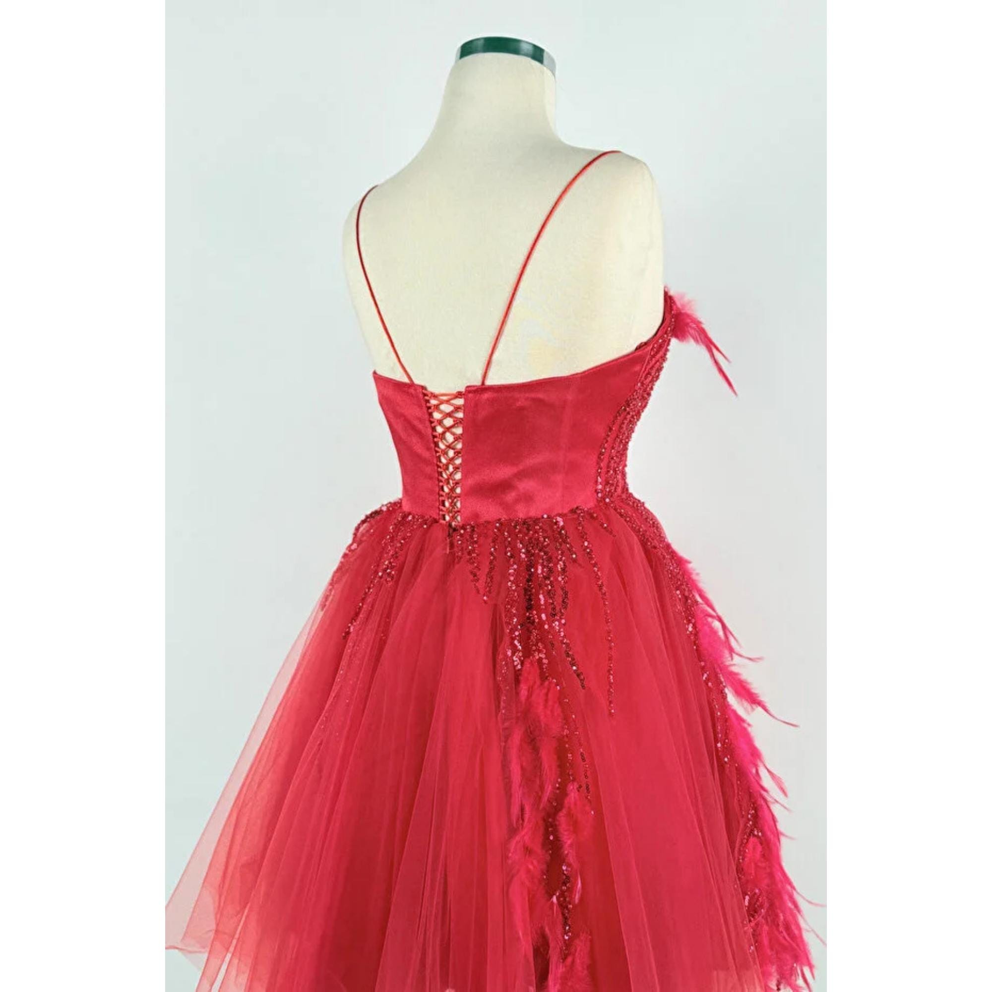 strapless side hollow feather red mini party dress Strapless Sequin Patchwork Feather Hem Party Mini Dresses-Red