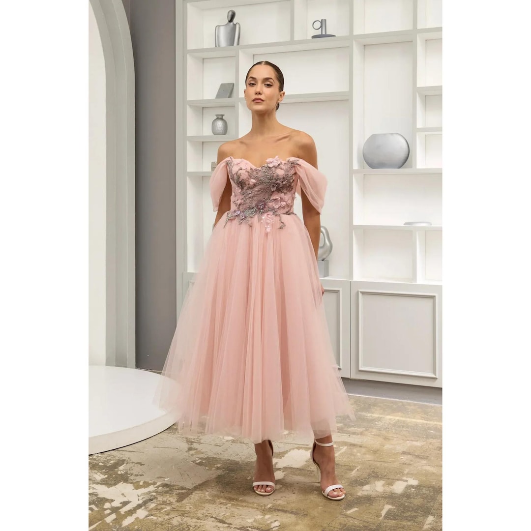 Blush Pink Tulle Midi Dress: 3D Lace Off-Shoulder Formal Gown